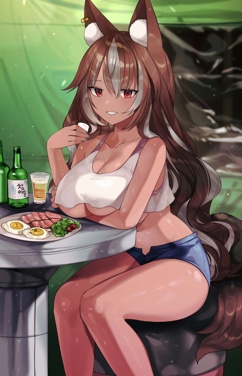 1girl absurdres animal_ear_fluff animal_ears artist_request bare_arms bare_legs bare_shoulders blue_shorts breasts brown_hair cleavage commission crop_top crop_top_overhang dark_skin earrings feet_out_of_frame food fox_ears fox_girl fox_tail grin hand_up highres holding jewelry large_breasts long_hair looking_at_viewer micro_shorts midriff multicolored_hair open_fly original red_eyes second-party_source shirt short_shorts shorts sitting sleeveless sleeveless_shirt smile soju solo streaked_hair table tail thighs two-tone_hair underboob very_long_hair white_shirt