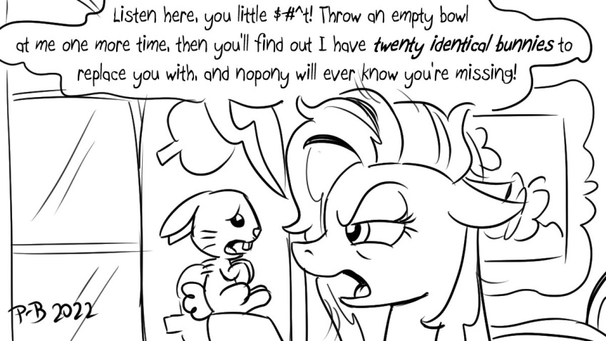 angel_(mlp) angry dialogue english_text equid equine fluttershy_(mlp) friendship_is_magic hair lagomorph leporid mammal messy_hair my_little_pony pony-berserker rabbit text