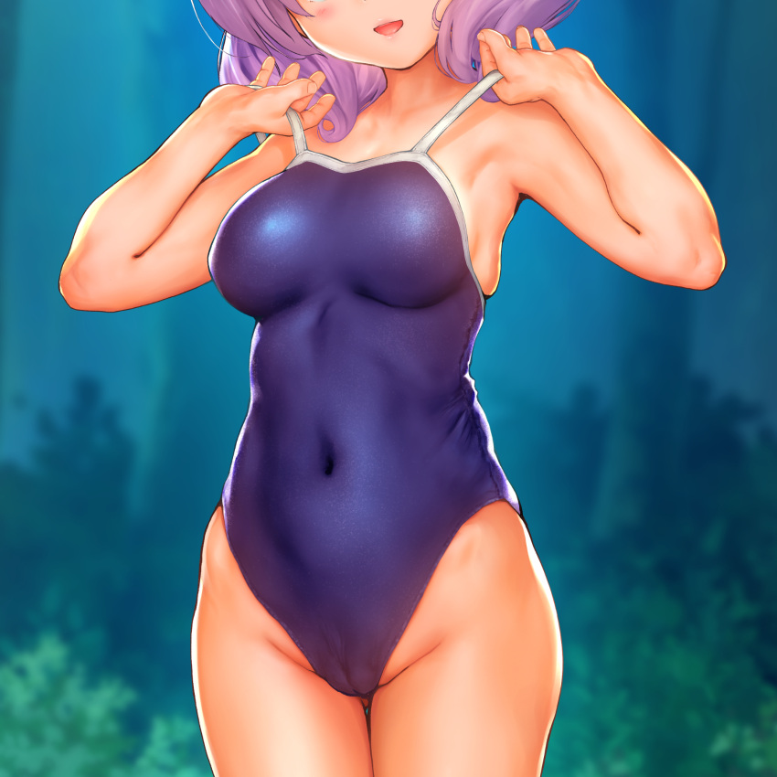 1girl blush breasts cameltoe clothes_pull collarbone covered_navel endou_hiroto groin head_out_of_frame highres medium_breasts medium_hair open_mouth outdoors pulled_by_self purple_hair school_swimsuit shiny shiny_hair skindentation solo strap_pull swimsuit swimsuit_pull thighs