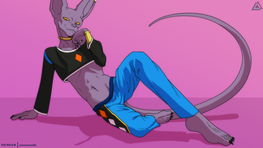 2022 anthro armor beerus bracers clothing digital_media_(artwork) domestic_cat dragon_ball dragon_ball_super ear_piercing ear_ring felid feline felis gold_(metal) gold_jewelry hairless hairless_cat hi_res jewelry jewlery looking_at_viewer male mammal piercing prismanoodle_(artist) ring_piercing simple_background smile solo sphynx_(cat) yellow_sclera