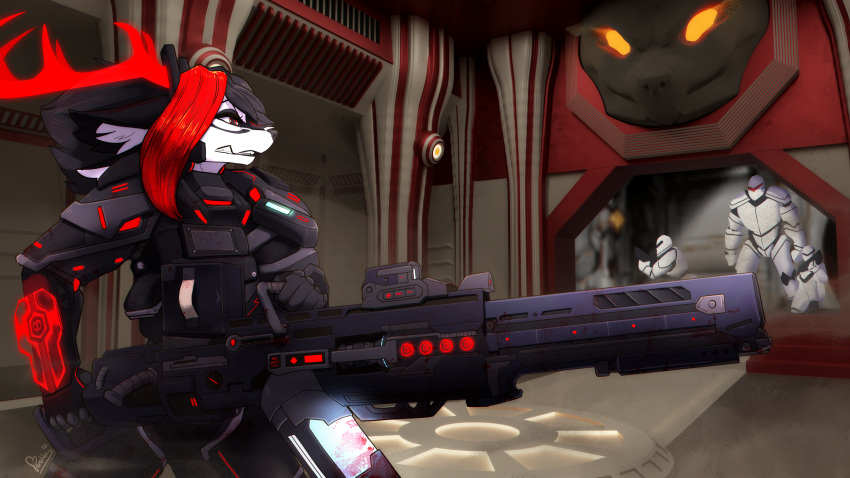 antlers arena armor big_gun black_body black_fur black_hair canid canine clothing female feretta fox fur gun hair handgun hi_res horn mammal multi_ear ranged_weapon red_eyes red_hair rifle science_fiction uniform venitavi weapon white_body white_fur