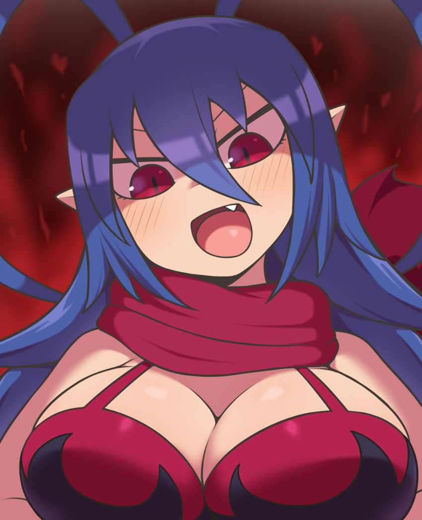 1girl :d antenna_hair blue_hair breasts cleavage disgaea disgaea_d2 fang hair_between_eyes head_tilt highres laharl laharl-chan large_breasts long_hair looking_at_viewer open_mouth pointy_ears rantana_(lalalalackluster) red_scarf scarf smile solo upper_body