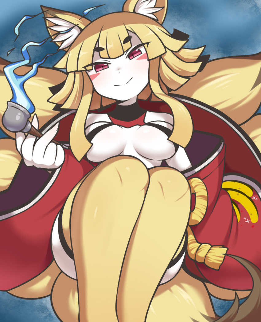 1girl animal_ear_fluff animal_ears bangs blonde_hair blue_fire blunt_bangs bodysuit breasts closed_mouth colored_skin disgaea feet_out_of_frame fire fox_ears fox_tail highres holding holding_smoking_pipe japanese_clothes kimono kiseru legs_together long_sleeves looking_at_viewer medium_breasts medium_hair multiple_tails nine-tailed_fox_(disgaea) off_shoulder pink_eyes rantana_(lalalalackluster) red_kimono sidelocks slit_pupils smile smoking_pipe solo tail tassel white_bodysuit wide_sleeves yellow_skin