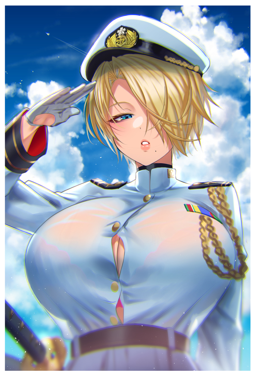 1girl absurdres aiguillette aircraft airplane anima_(togashi) asymmetrical_hair bangs belt black_belt blonde_hair blue_eyes blue_sky blurry bra_visible_through_clothes breasts bursting_breasts button_gap buttons cleavage cloud cloudy_sky coat commentary contrail depth_of_field epaulettes expressionless gloves hair_over_one_eye half_gloves hat highres huge_breasts katana lips long_sleeves looking_at_viewer military military_hat military_uniform mole mole_under_mouth original parted_bangs parted_lips peaked_cap salute see-through sheath sheathed short_hair sky solo sword symbol-only_commentary uniform upper_body weapon wet wet_clothes white_coat white_gloves white_headwear