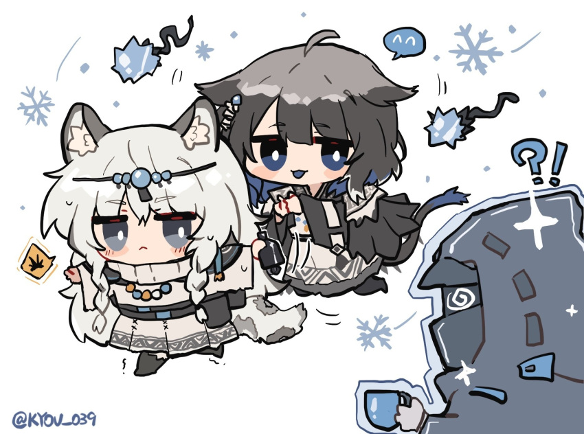 1other 2girls :&lt; @_@ ahoge ambiguous_gender animal_ears arknights bell black_jacket black_legwear blue_eyes blue_tongue blush braid chibi colored_tongue cup doctor_(arknights) dress highres holding holding_bell holding_cup hood hood_up hooded_jacket ice jacket kjera_(arknights) kyou_039 leopard_ears leopard_girl leopard_tail mask multiple_girls open_mouth pramanix_(arknights) side_braids simple_background snowflakes speech_bubble spoken_emoticon sweatdrop tail tiara trembling turtleneck twitter_username white_background white_dress