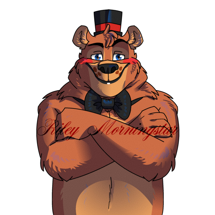 anthro bearnard_(wolf_love) blue_eyes bodypaint bow_tie clothing face_paint five_nights_at_freddy's five_nights_at_freddy's_2 grin hands_crossed hat headgear headwear hi_res lgbt_pride male mammal muscular neck_tuft riley_morningstar scottgames slightly_chubby smile solo top_hat toy_freddy_(fnaf) tuft ursid ursine video_games