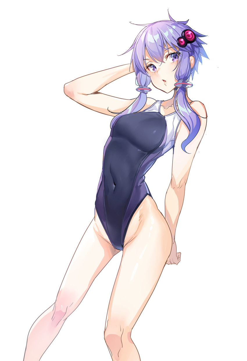 1girl absurdres ajishio bangs bare_shoulders breasts covered_navel hair_ornament highres looking_at_viewer one-piece_swimsuit parted_lips purple_eyes purple_hair short_hair_with_long_locks simple_background solo swimsuit voiceroid white_background yuzuki_yukari