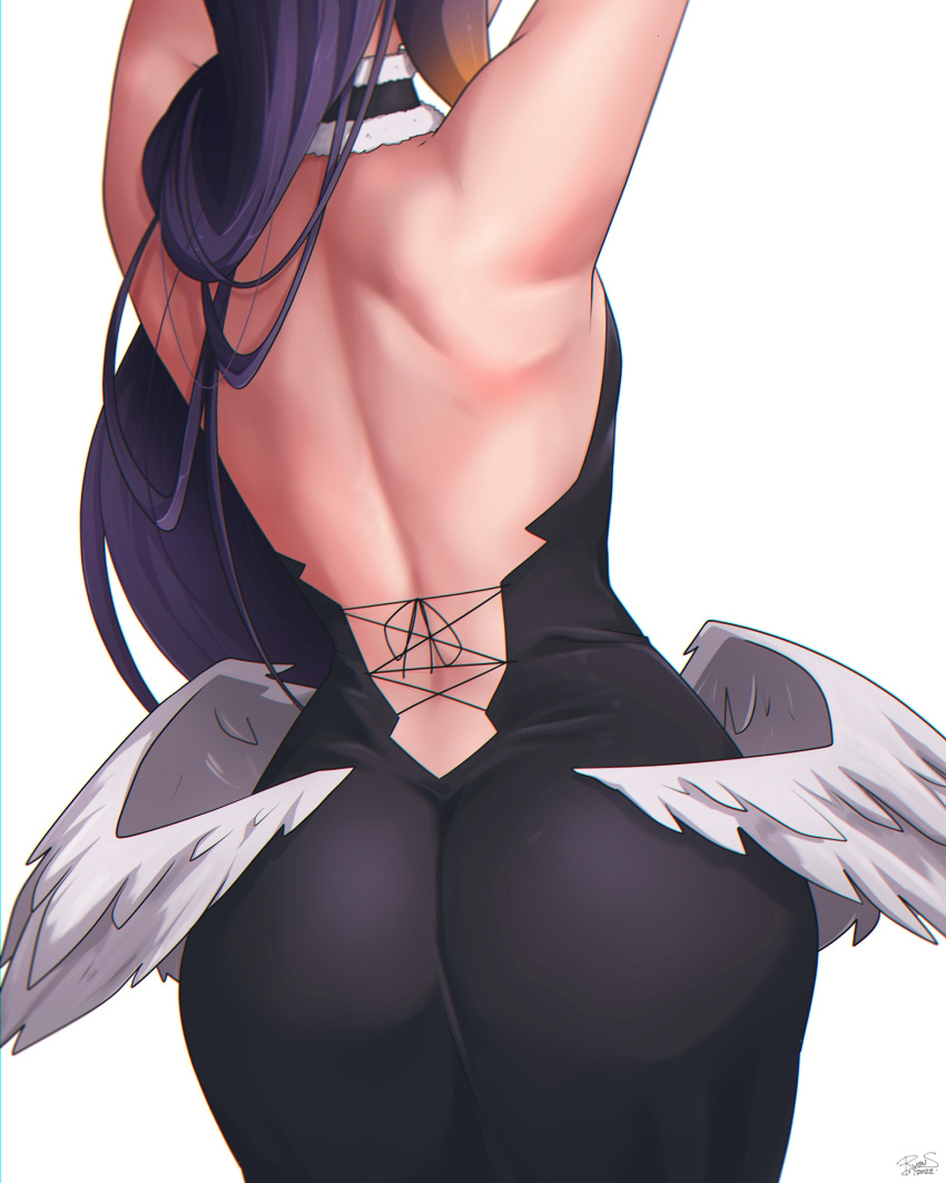 1girl arms_up ass back backless_dress backless_outfit bare_back black_dress dress from_behind head_out_of_frame highres hololive hololive_english long_hair low_wings ninomae_ina'nis purple_hair ryou_sakai signature simple_background solo very_long_hair virtual_youtuber white_background white_wings wings