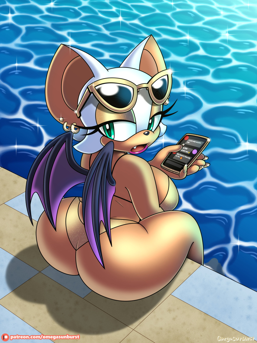 absurd_res anthro bat_wings big_butt bikini breasts butt cellphone chiropteran clothing colored_nails ear_piercing ear_ring eyeshadow eyewear female green_eyes half-closed_eyes hi_res holding_cellphone holding_object holding_phone lipstick makeup mammal membrane_(anatomy) membranous_wings nails narrowed_eyes omegasunburst partially_submerged phone piercing ring_piercing rouge_the_bat sega signature sitting solo sonic_the_hedgehog_(series) sunglasses swimming_pool swimwear tan_body tan_skin text url water wings