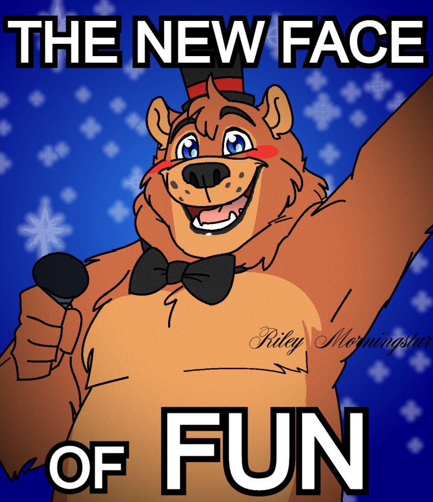 anthro bearnard_(wolf_love) bodypaint bow_tie clothing cute_expression face_paint five_nights_at_freddy's five_nights_at_freddy's_2 happy hat headgear headwear hi_res male mammal microphone muscular muscular_male neck_tuft poster riley_morningstar scottgames signature simple_background slightly_chubby smile smiling_at_viewer solo top_hat toy_freddy_(fnaf) tuft ursid ursine video_games watermark