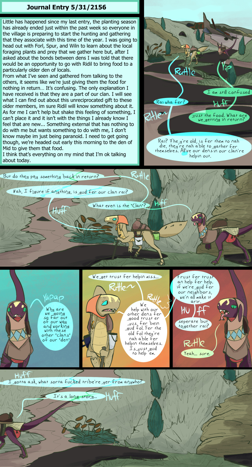 absurd_res backpack comic desert dinosaur dragon dragonscape drekir dromaeosaurid duo female feral hi_res male oli_(thepatchedragon) post-apocalyptic pregnant reptile ruins scalie text thepatchedragon theropod tribal tribal_clothing