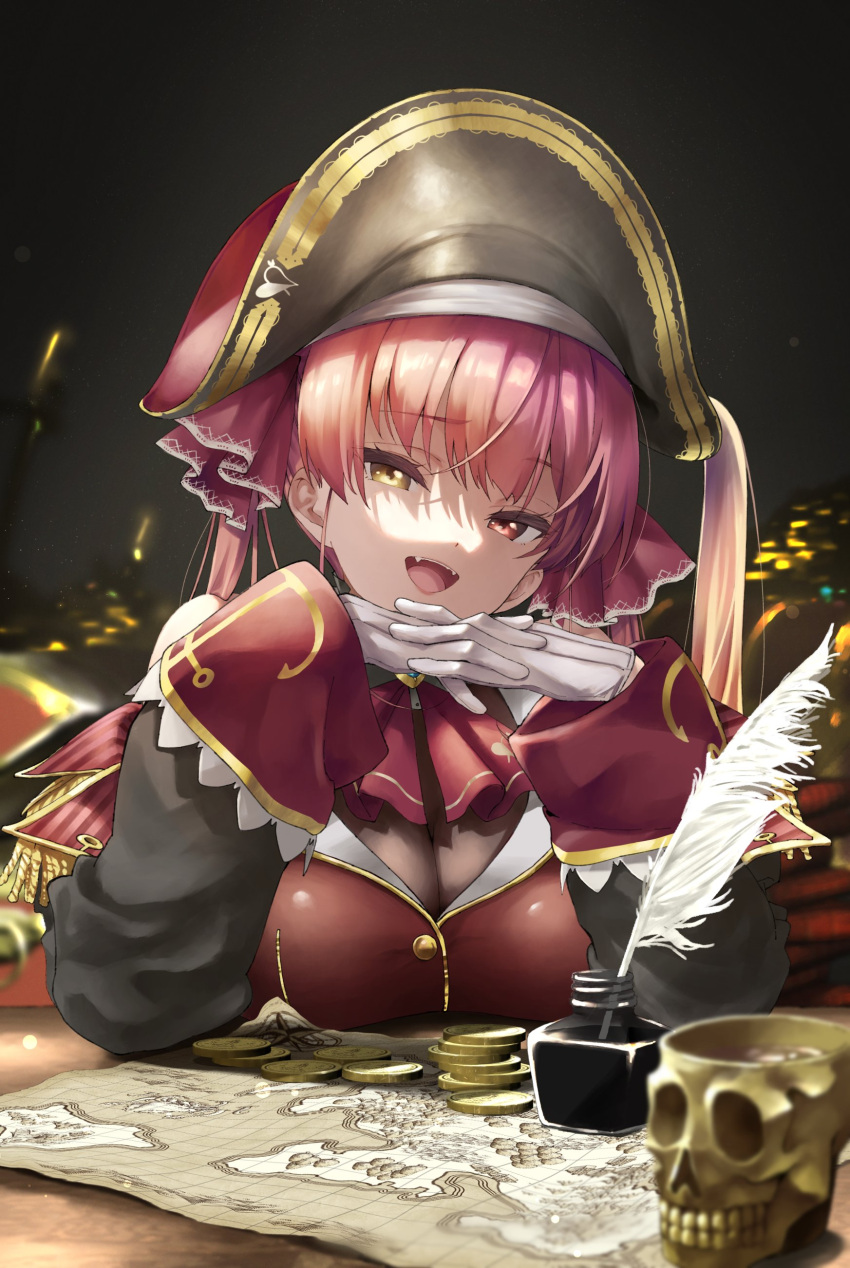 1girl :d absurdres anno_masato bangs black_headwear breasts coin dokuro-kun_(houshou_marine) gloves gold_coin hair_ribbon hat highres hololive houshou_marine ink_bottle jacket large_breasts long_hair long_sleeves map own_hands_clasped own_hands_together pirate_hat quill red_hair red_jacket red_ribbon ribbon smile solo twintails upper_body virtual_youtuber white_gloves