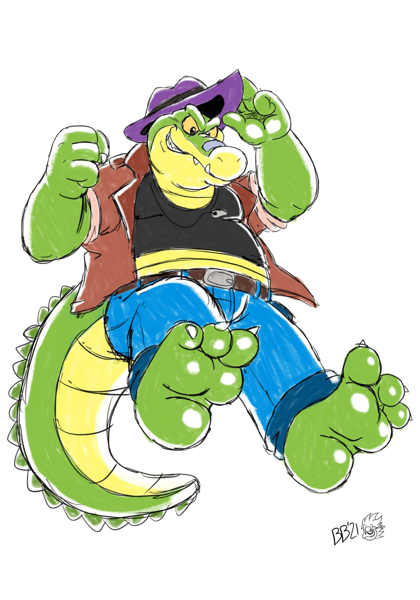 2021 alligator alligatorid anthro bandanabird bottomwear brok_(character) brok_the_investigator clothing crocodilian feet green_body hat headgear headwear hi_res humanoid_hands male pants reptile scalie shirt simple_background slightly_chubby solo topwear video_games