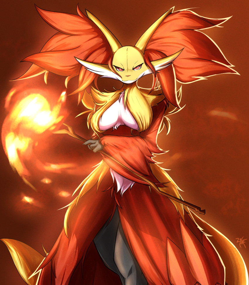 absurd_res anthro breasts canid canine delphox female fire fur hi_res inner_ear_fluff knoxisnotdead looking_at_viewer mammal nintendo nude pok&eacute;mon pok&eacute;mon_(species) smile solo tuft video_games