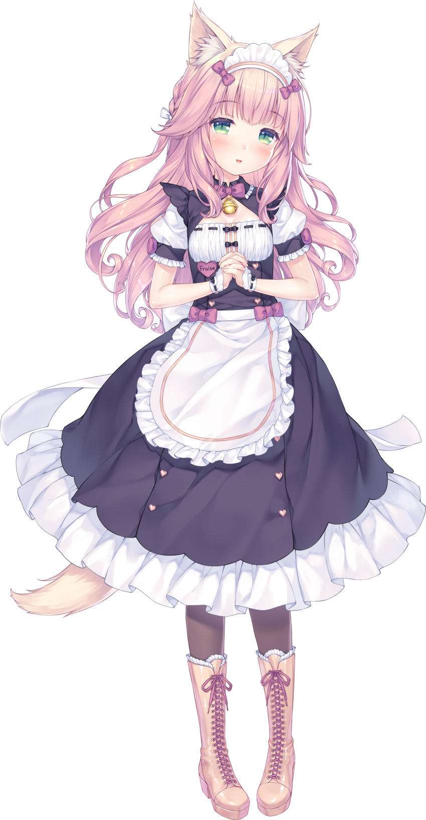 absurdres animal_ears animal_girl apron blush boots cat_ears cat_girl cat_tail fraise_(nekopara) green_eyes highres leggings maid maid_apron maid_headdress name_tag nekopara non-web_source own_hands_together pink_hair sayori_(neko_works) tail