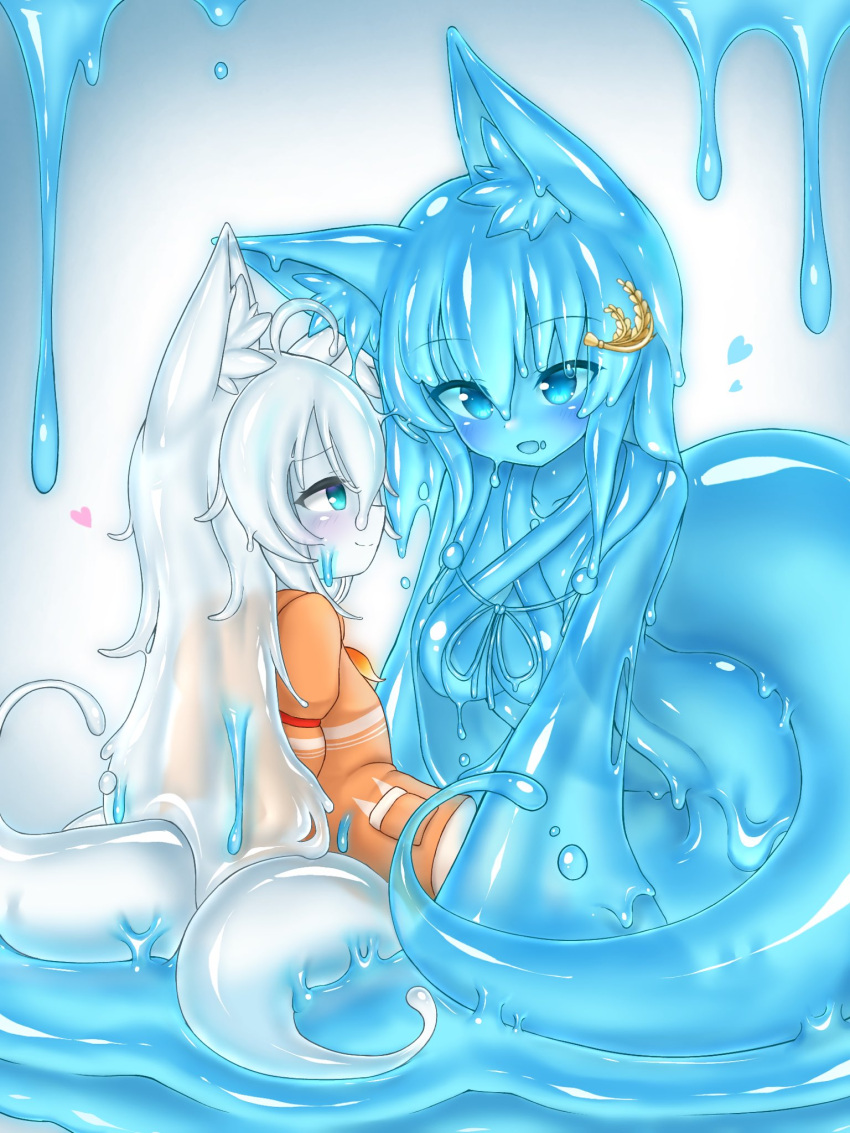 2girls animal_ear_fluff animal_ears blue_hair blue_sclera blue_skin blush cleavage_cutout closed_mouth clothing_cutout colored_sclera colored_skin criss-cross_halter curss eye_contact fox_ears fox_tail halterneck highres long_hair long_sleeves looking_at_another melting monster_girl multiple_girls multiple_tails orange_shirt original shirt slime_girl smile tail white_hair white_skin wide_sleeves yuri