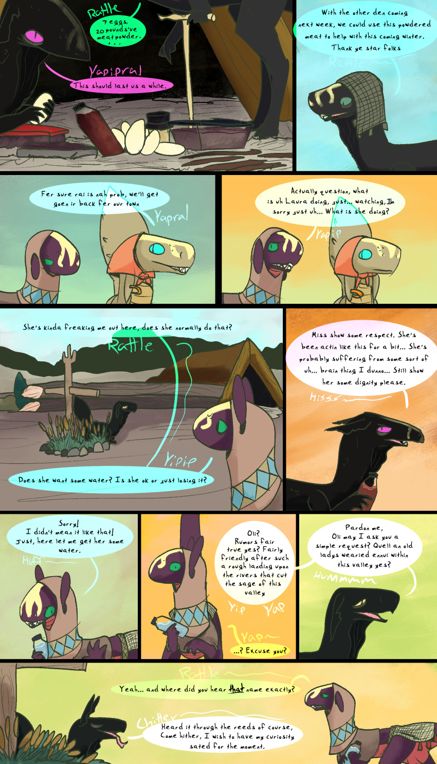 absurd_res comic desert dinosaur dragon dragonscape drekir dromaeosaurid female feral group hi_res male old oli_(thepatchedragon) post-apocalyptic pregnant reptile ruins scalie text thepatchedragon theropod tribal tribal_clothing