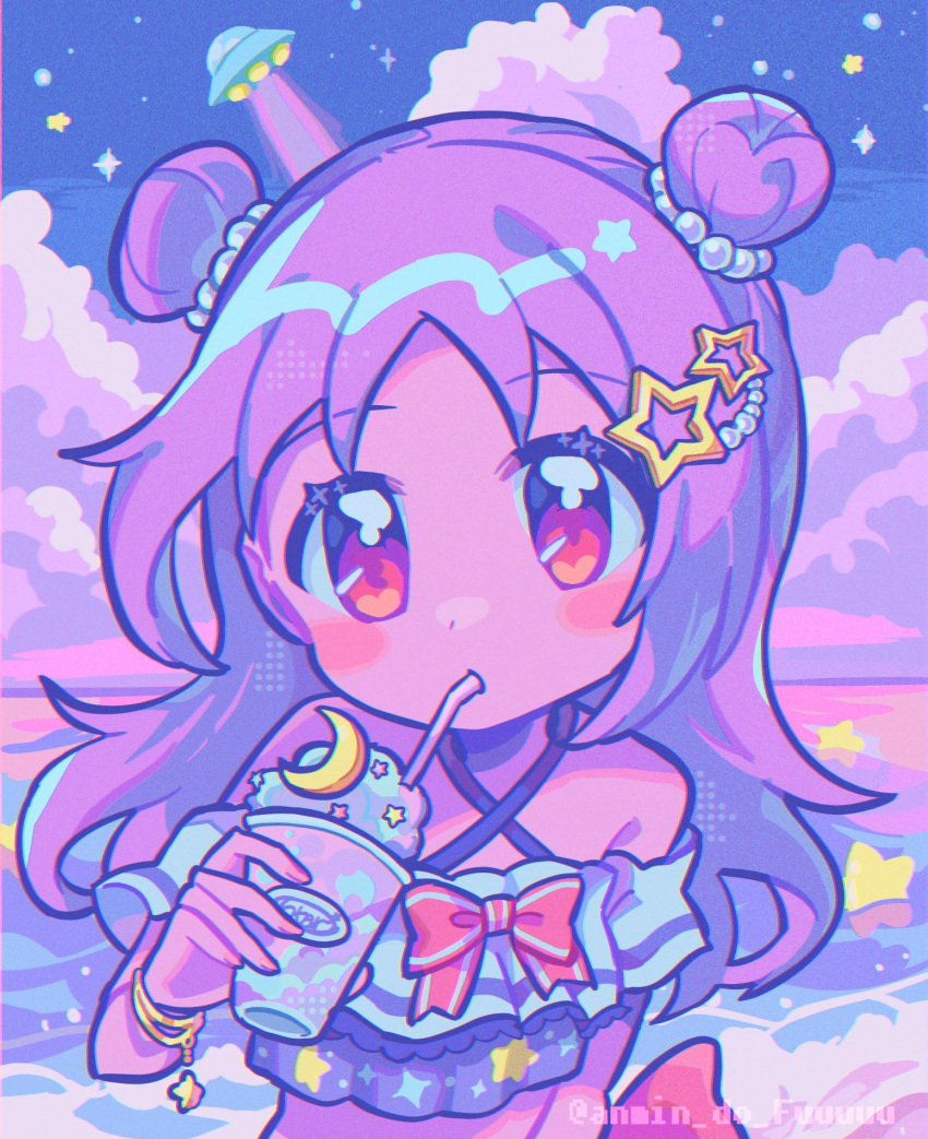 1girl anmin_do_fuuuuu arm_at_side bangs bikini blush bow bow_bikini bracelet chromatic_aberration cloud cloudy_sky crescent criss-cross_halter cup dot_nose double_bun drinking drinking_straw drinking_straw_in_mouth frilled_bikini frills gold_bracelet hair_bun hair_ornament halterneck highres holding holding_cup jewelry looking_at_viewer magia_record:_mahou_shoujo_madoka_magica_gaiden mahou_shoujo_madoka_magica medium_hair misono_karin misono_karin_(swimsuit_costume) multicolored_bikini multicolored_clothes ocean off-shoulder_bikini off_shoulder outdoors parted_bangs pastel_colors purple_eyes purple_hair red_bow sky slushie solo sparkle sparkle_print star_(sky) star_(symbol) star_bracelet star_hair_ornament star_print swimsuit twitter_username ufo upper_body water