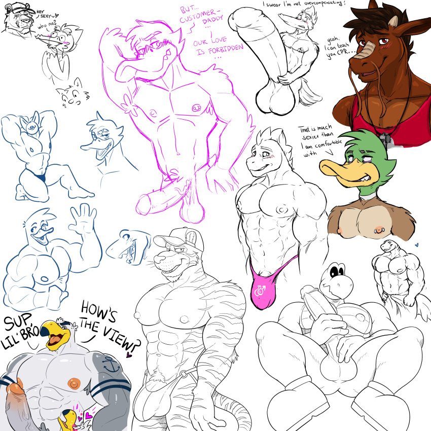 &lt;3 abs absurd_res anatid anchor_tattoo anseriform anthro anti_dev armpit_hair avian ayden_(brogulls) bailey_(brogulls) balls barbel_(anatomy) beak big_biceps big_penis bird blush bodily_fluids body_hair bone bonk_town brogulls brother brothers brown_body brown_hair brown_scales bulge clothing collaboration crew_(anti_dev) cum cum_drip detailed_bulge dialogue dragon dream_and_nightmare dripping dry_bones dry_himbones duck erection feathers felid fish flesh_whiskers flexing_muscles fur gender_symbol genital_fluids genital_outline genitals gills green_head group gull hair hi_res holding_penis huge_penis hyper hyper_genitalia hyper_penis incest_(lore) lari larid lifeguard_swimsuit looking_at_viewer male male/male male/male_symbol male_symbol mammal marine mario_bros muscular muscular_anthro muscular_male night_(dream_and_nightmare) nintendo nipple_piercing nipples non-mammal_nipples oral pantherine pecs penis penis_base penis_outline picid piercing pileated_woodpecker pink_clothing pink_thong pink_underwear poppin pubes pubic_feathers raeford_(brogulls) red_eyes scales sexuality_symbol shark sibling simple_background size_difference sketch skull skull_head spread_legs spreading striped_body striped_fur stripes stubble symbol talking_to_viewer tattoo thong tiger towel towel_around_waist towel_only towel_wrap underwear video_games waving_at_viewer white_background woodpecker