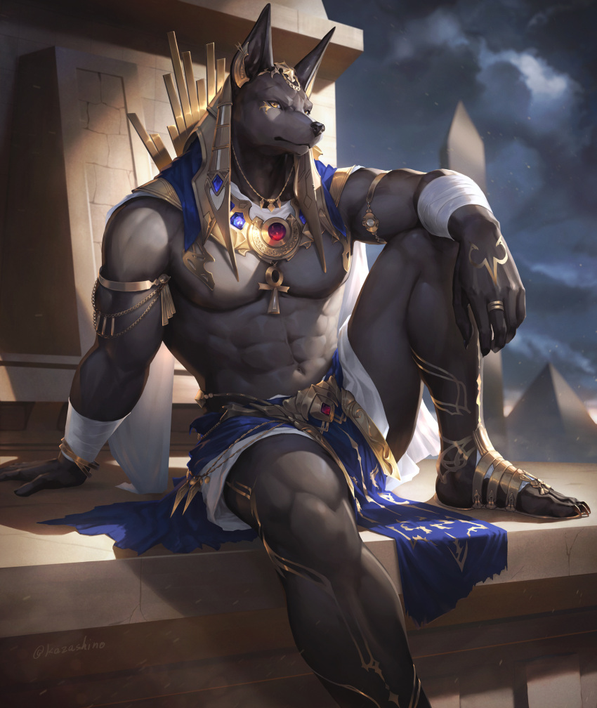 2022 abs ancient_egypt anthro anubis black_body black_fur black_nose canid canine canis clothing dark_sky deity egyptian_mythology footwear fur hand_on_knee hand_on_leg hi_res jackal jewelry kazashino looking_at_viewer male mammal middle_eastern_mythology monotone_body monotone_fur muscular muscular_male mythology obelisk_(building) pecs pyramid sitting solo yellow_eyes