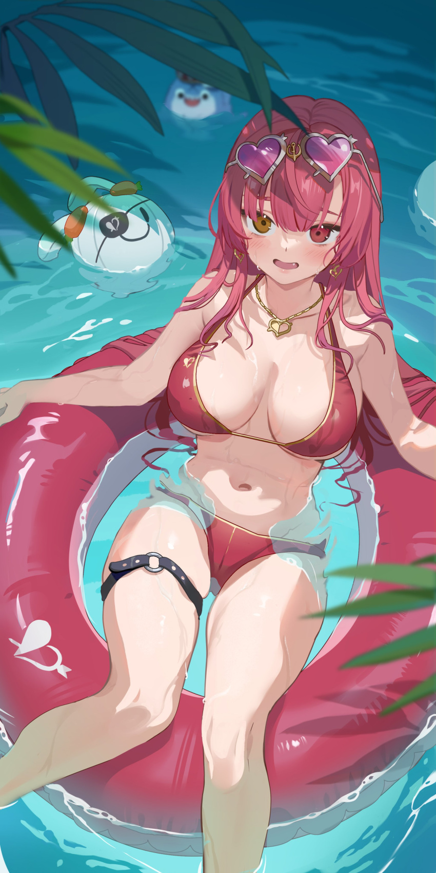 1girl absurdres afloat bikini breasts cleavage eyewear_on_head heterochromia highres hololive houshou_marine innertube jewelry large_breasts long_hair necklace official_alternate_costume open_mouth partially_submerged red_bikini red_eyes red_hair ruiuncle solo swimsuit thigh_strap virtual_youtuber water wet yellow_eyes