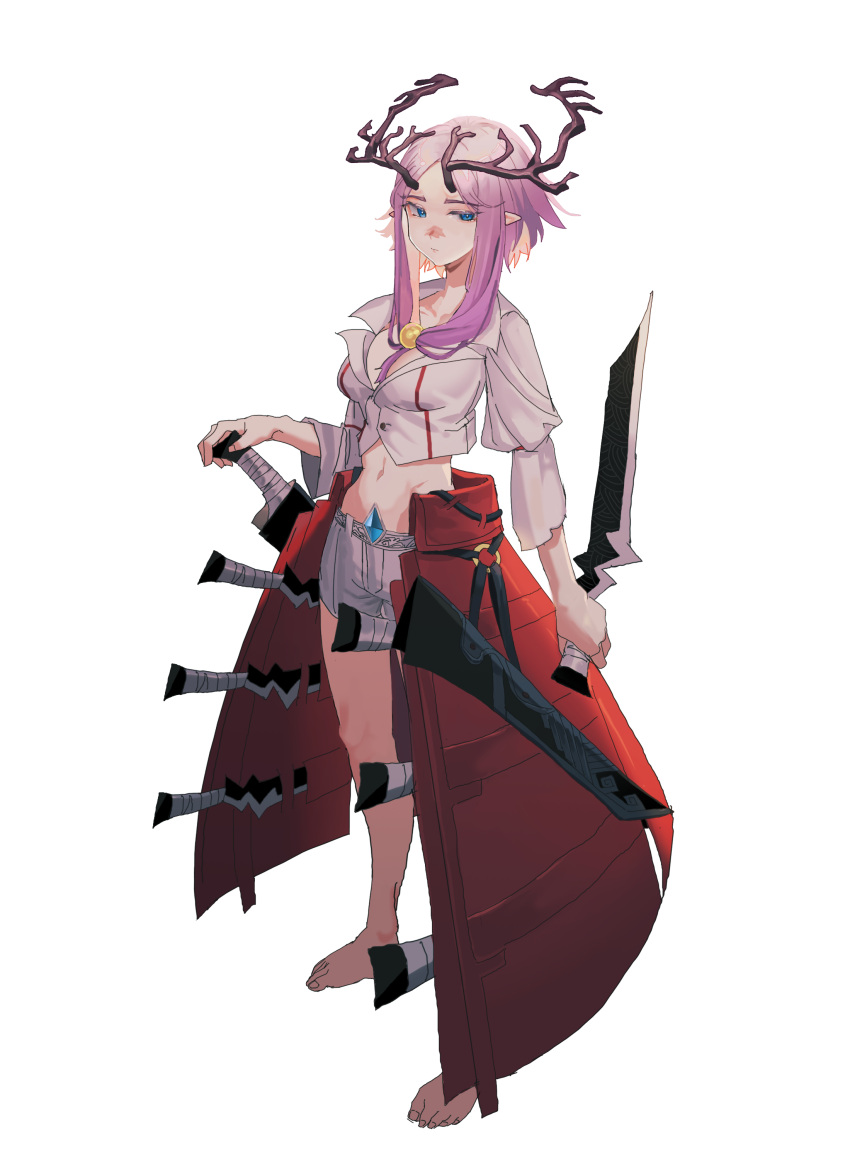 1girl absurdres barefoot blue_eyes blue_gemstone collarbone commission dagger gem gradient gradient_hair highres holding holding_dagger holding_weapon horns jiki_(gkdlfnzo1245) knife long_hair multicolored_hair navel original patterned pink_hair pointy_ears reverse_grip scabbard sheath sheathed simple_background solo toenails two-tone_hair weapon white_background