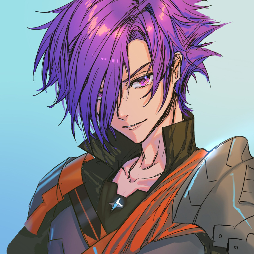 1boy armor cape closed_mouth feh_xeri fire_emblem fire_emblem:_three_houses fire_emblem_warriors:_three_hopes hair_over_one_eye highres long_sleeves looking_at_viewer medium_hair purple_eyes purple_hair shez_(fire_emblem) shez_(fire_emblem)_(male) short_hair simple_background