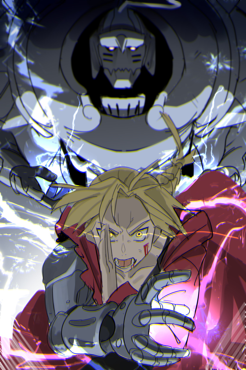 2boys absurdres alphonse_elric armor bleeding blonde_hair blood blood_on_face closed_mouth coat collarbone edward_elric electricity flaming_eyes full_armor fullmetal_alchemist glowing glowing_eyes highres hood hood_down hooded_coat jiki_(gkdlfnzo1245) long_hair lower_teeth male_focus mechanical_arms multiple_boys open_mouth pauldrons prosthesis prosthetic_arm purple_eyes red_coat shoulder_armor spiked_helmet spiked_pauldrons teeth tongue torn_clothes torn_coat vambraces