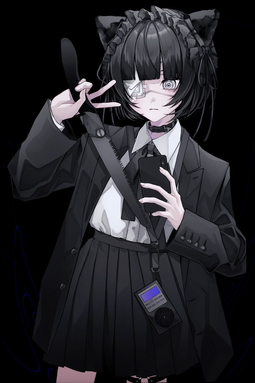 1girl 402_(o0_xxx) @_@ absurdres animal_ears bandaged_head bandages bangs black_background black_choker black_hair black_legwear black_ribbon black_skirt black_theme blunt_bangs cellphone choker closed_mouth eyepatch fingernails formal frills gothic grey_eyes highres holding holding_phone holding_weapon maid_headdress o-ring open_clothes original phone ribbon shirt_tucked_in short_hair simple_background skirt solo suit thigh_strap v weapon