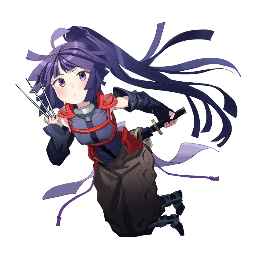 1girl absurdres ahoge akatsuki_(log_horizon) armor black_gloves closed_mouth fingernails glint gloves highres holding holding_needle holding_sword holding_weapon jiki_(gkdlfnzo1245) log_horizon long_hair needle ninja pauldrons ponytail purple_eyes scabbard sheath shoulder_armor simple_background single_glove smile solo sword unsheathing very_long_hair weapon white_background