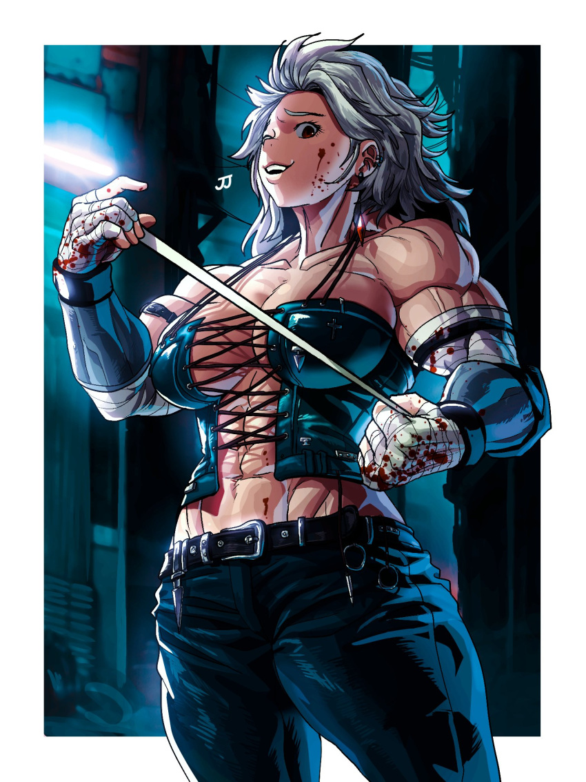 1girl abs bandages belt biceps blood breasts cross-laced_clothes cross-laced_cutout dorohedoro elbow_gloves gloves highres large_breasts long_hair looking_at_viewer muscular muscular_female noi_(dorohedoro) red_eyes smile solo sparkeyjinjin tank_top veins veiny_arms white_hair