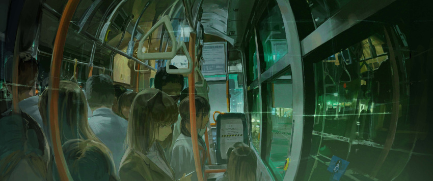 6+boys 6+girls absurdres bangs black_hair brown_hair bus bus_interior cellphone commentary_request crowd ground_vehicle hand_grip highres holding holding_phone long_hair motor_vehicle multiple_boys multiple_girls night original phone sann scenery short_hair smartphone