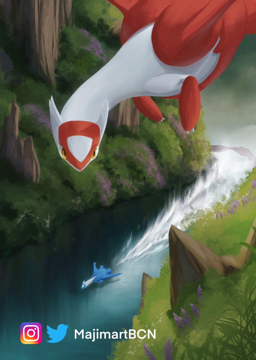 2_fingers ambiguous_gender artist_name blue_body blue_markings colored detailed detailed_background digital_media_(artwork) digital_painting_(artwork) duo facial_markings feral fingers flower flying head_markings hi_res latias latios lavender_(flower) legendary_pok&eacute;mon levitation lineless majimartbcn markings mountain nintendo outside plant pok&eacute;mon pok&eacute;mon_(species) red_body red_markings river shaded valley video_games watermark white_body yellow_eyes