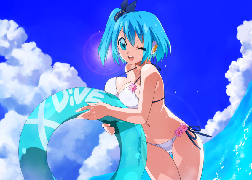 1girl android bangs bare_shoulders bikini blue_eyes blue_hair blue_sky breasts cloud hair_between_eyes holding holding_innertube innertube kaidou_zx looking_at_viewer mega_man_(series) mega_man_x_(series) mega_man_x_dive navel one_eye_closed open_mouth rico_(mega_man) side_ponytail sky solo swimsuit teeth upper_teeth wet