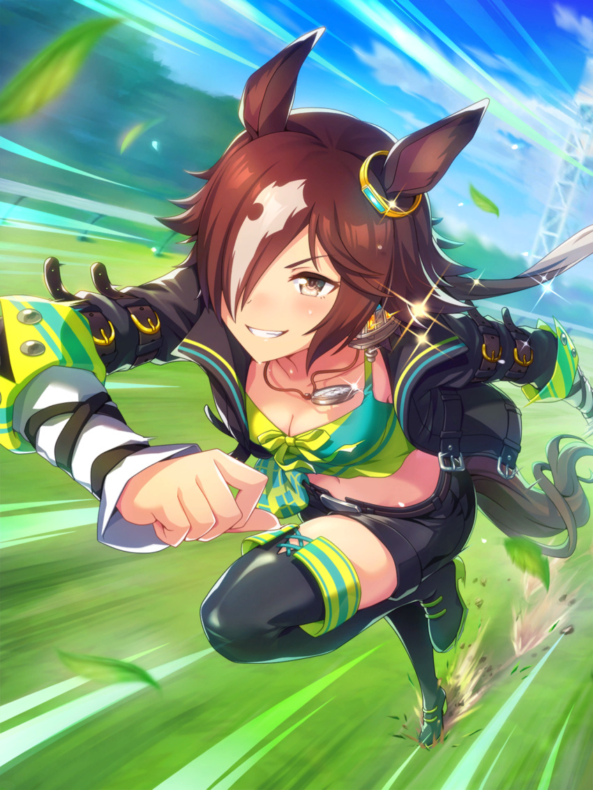 1girl :d animal_ears bangs belt black_footwear black_jacket black_shorts blue_sky boots breasts brown_hair check_source cleavage cloud cloudy_sky full_body grass grin hair_over_one_eye highres horse_ears horse_girl horse_tail jacket leaf long_hair long_sleeves official_art outdoors ponytail running shirt shorts sky smile source_request stopwatch_around_neck sweat tail thigh_boots umamusume v-shaped_eyebrows vodka_(umamusume) yellow_eyes yellow_shirt