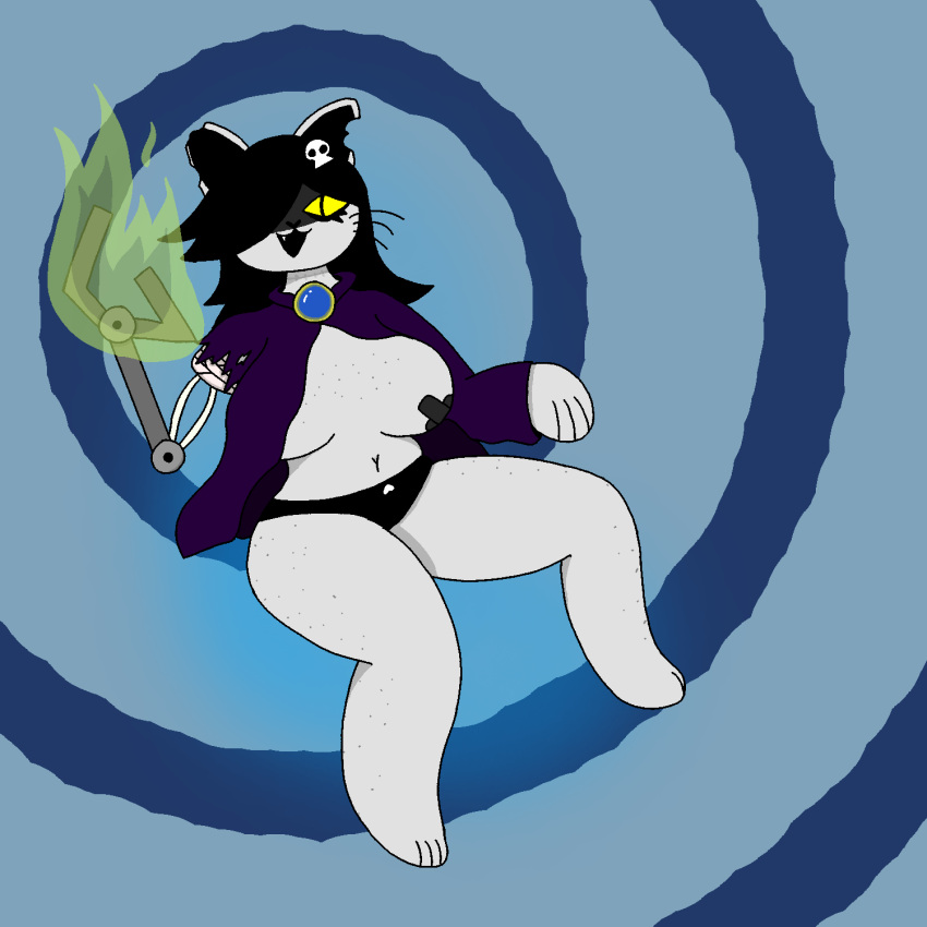 anthro clothed clothing dimsun domestic_cat felid feline felis female hair hair_over_eye hi_res magic mammal mostly_nude nipple_tape one_eye_obstructed pasties prosthetic prosthetic_limb scar skimpy slightly_chubby solo tape thick_thighs yellow_sclera