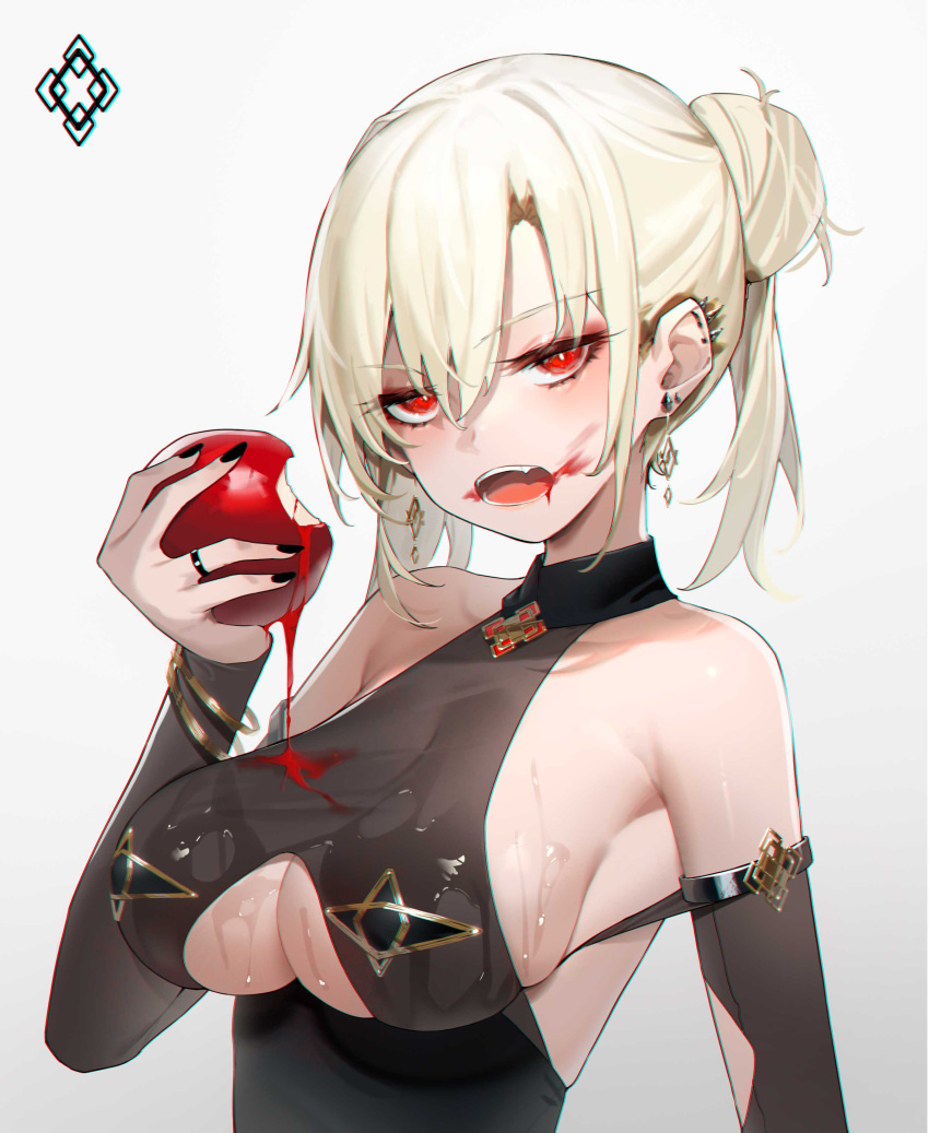 1girl absurdres apple bangs bare_shoulders black_nails blonde_hair blood blood_from_mouth bracelet breasts cleavage cleavage_cutout clothing_cutout ear_piercing earrings eating eiroyi eyes_visible_through_hair fingernails food food_bite fruit gradient gradient_background hair_between_eyes hair_bun highres holding holding_food holding_fruit jewelry large_breasts long_hair long_sleeves looking_at_viewer nail_polish open_mouth original piercing red_eyes ring simple_background single_hair_bun solo upper_body wet white_background