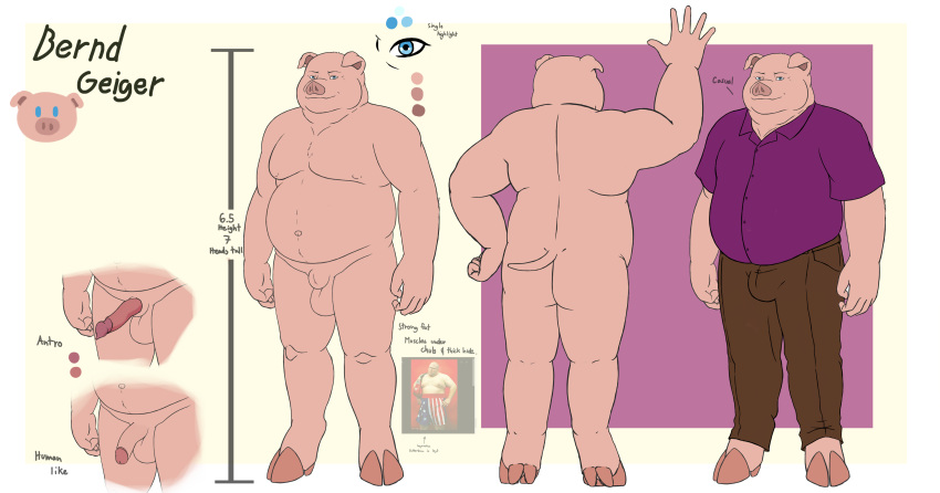 absurd_res animal_genitalia anthro balls big_balls blue_eyes bulge cloven_hooves domestic_pig genitals hi_res hooves huge_balls humanoid_genitalia humanoid_penis lemonscent male mammal model_sheet overweight overweight_male penis sheath solo spiral_penis suid suina sus_(pig)