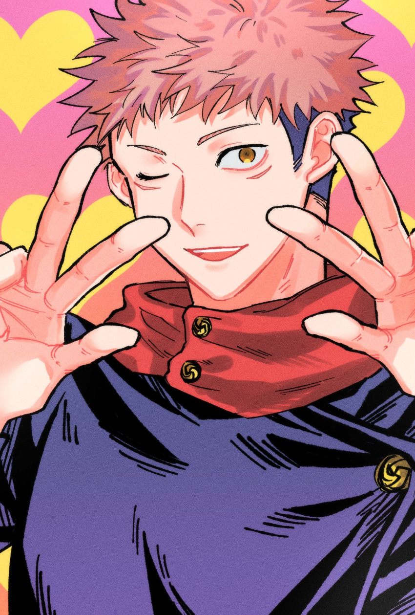 1boy black_jacket brown_eyes buttons commentary_request double_v facial_mark fushirun_rung hands_up heart heart_background highres hood hoodie itadori_yuuji jacket jujutsu_kaisen korean_commentary long_sleeves looking_at_viewer male_focus one_eye_closed pink_hair red_hoodie school_uniform short_hair smile solo undercut v