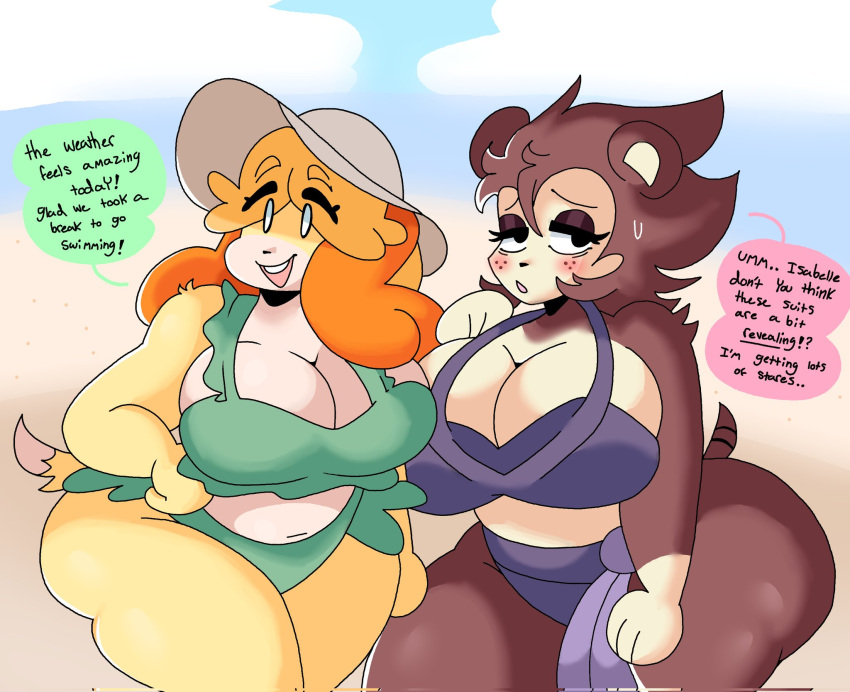 animal_crossing anthro beach big_breasts bikini blush breasts cleavage clothed clothing duo embarrassed english_text eulipotyphlan exclamation_point eyebrow_through_hair eyebrows female hair hedgehog hi_res huge_breasts huge_thighs isabelle_(animal_crossing) lewd_dorky mammal multicolored_body navel nintendo open_mouth question_mark sable_able seaside speech_bubble sun_hat swimwear text thick_thighs translucent translucent_hair two_tone_body video_games wide_hips