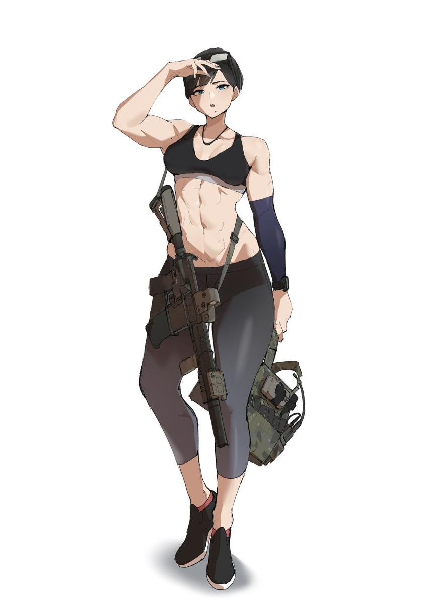 1girl abs airsoft ar-15 assault_rifle backpack bag black_hair blue_eyes detached_sleeves eyewear_on_head glasses gun highres jewelry mole mole_under_mouth necklace original pen_guin15 rifle shoes short_hair sneakers solo sportswear tank_top toned weapon white_background