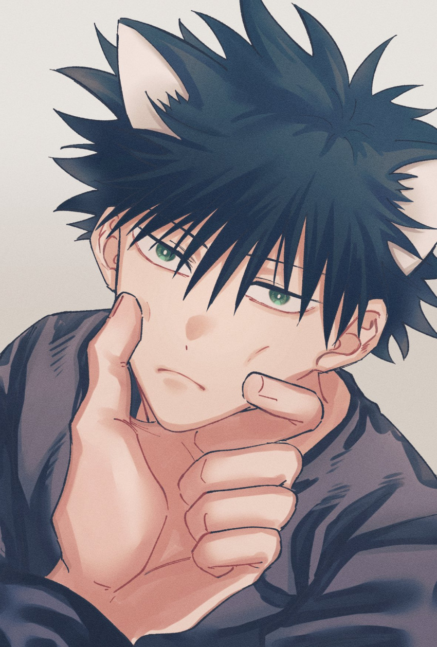 2boys animal_ears bangs black_hair black_shirt cat_boy cat_ears cheek_squash closed_mouth fushiguro_megumi fushirun_rung green_eyes hand_on_another's_cheek hand_on_another's_face highres jujutsu_kaisen long_sleeves looking_at_viewer male_focus multiple_boys out_of_frame pov pov_hands shirt short_hair simple_background solo_focus spiked_hair symbol-only_commentary