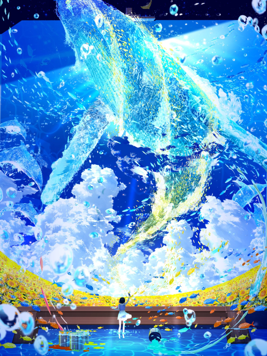 1girl blue_sky bubble bucket cloud cloudy_sky falling_petals field fish flower flower_field flying flying_whale highres leaf looking_to_the_side makoron117117 original paint paintbrush petals scenery sky solo summer sunflower water whale wind