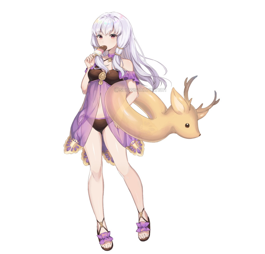 1girl adapted_costume alternate_costume bare_shoulders bikini black_bikini black_swimsuit breasts cleavage fire_emblem fire_emblem:_three_houses food groin highres innertube long_hair lysithea_von_ordelia pink_eyes popsicle sandals see-through simple_background small_breasts snowsakurachan solo swimsuit twitter_username white_background white_hair