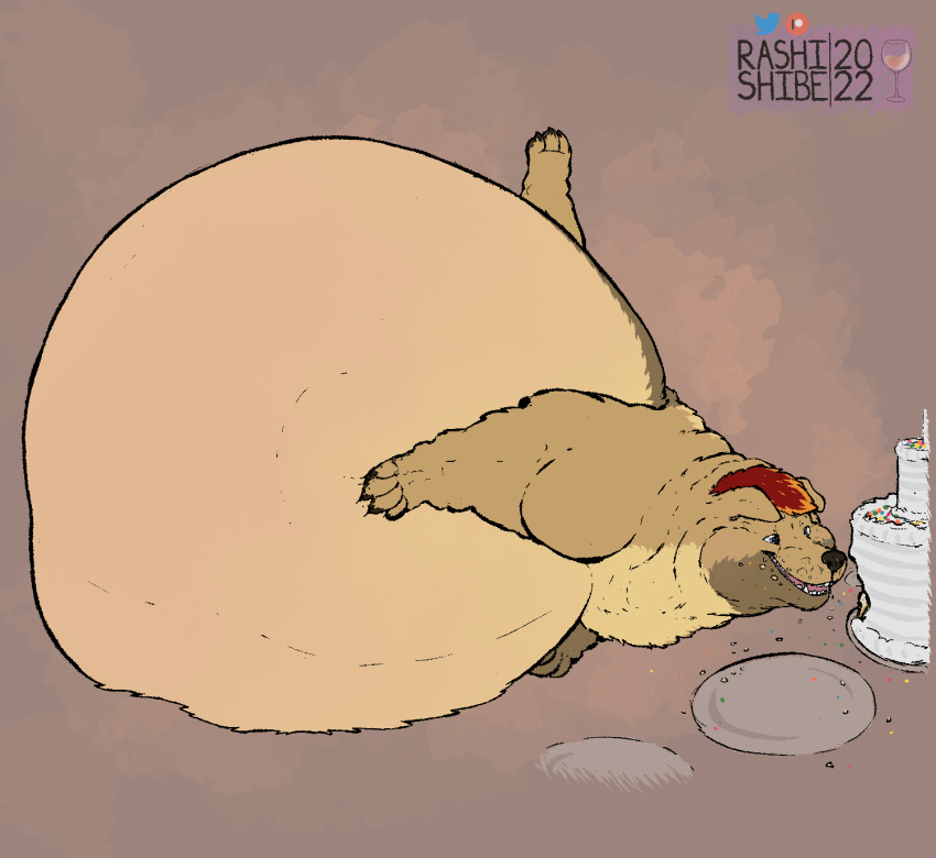 belly benny big_belly cake canid canine canis dessert domestic_dog food hi_res mammal overstuffed overweight