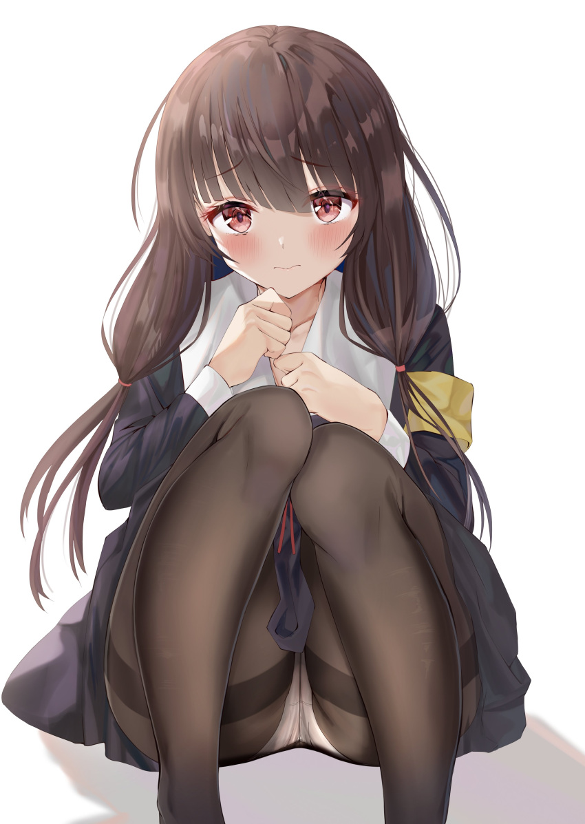 1girl absurdres black_dress black_legwear blush brown_eyes collared_shirt dress hair_between_eyes hair_ribbon highres iino_miko kaguya-sama_wa_kokurasetai_~tensai-tachi_no_renai_zunousen~ long_sleeves low_twintails pantyhose red_eyes ribbon school_uniform shirt shuuchiin_academy_school_uniform solo toratora_(nanahaba) twintails