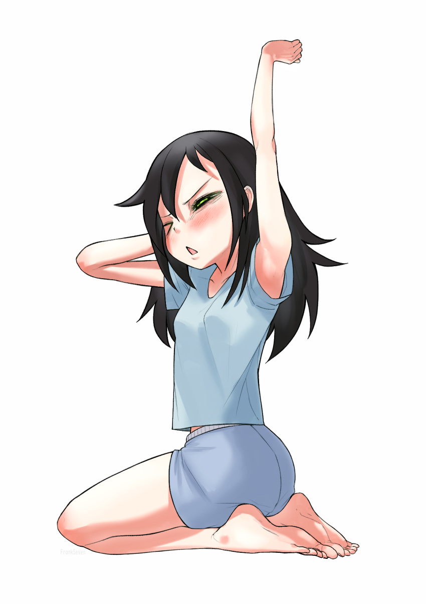 1girl armpit_peek arms_up artist_name bangs barefoot black_hair blue_shirt blue_shorts blush breasts collarbone commentary english_commentary frankseven full_body green_eyes hair_over_shoulder highres kuroki_tomoko long_hair messy_hair midriff_peek one_eye_closed open_mouth seiza shirt short_sleeves shorts simple_background sitting small_breasts solo straight_hair stretch swept_bangs triangle_mouth watashi_ga_motenai_no_wa_dou_kangaetemo_omaera_ga_warui! white_background