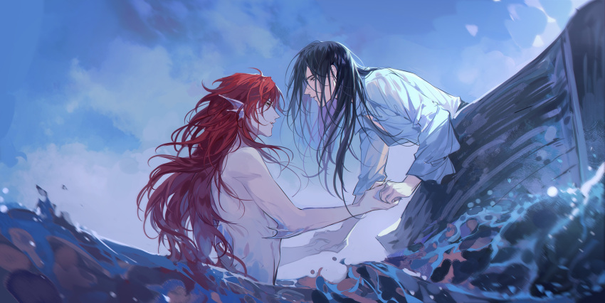 2boys absurdres back_fin black_hair blue_sky boat day eye_contact head_fins highres holding_hands leaning_forward long_hair looking_at_another looking_away male_focus merman monster_boy multiple_boys nude original outdoors parted_lips partially_submerged profile red_hair shirt sky water watercraft white_shirt xiandao1213