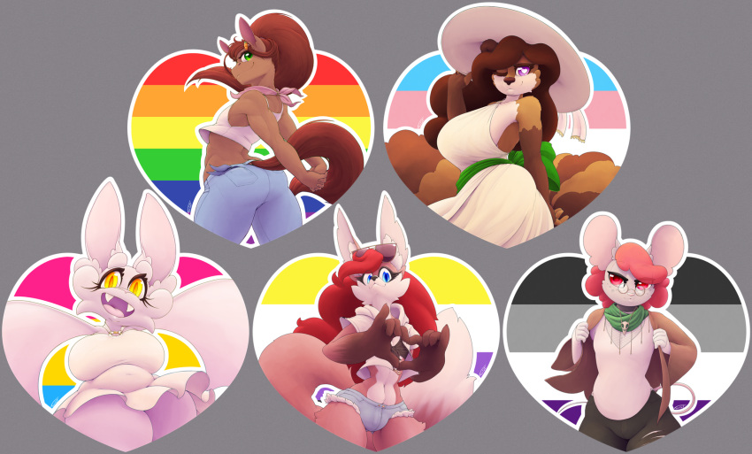 &lt;3 &lt;3_eyes 2022 accessory anthro asexual_pride_colors athletic athletic_anthro athletic_male bandanna belly big_breasts bird_skull bisexual_pride_colors black_nose blue_eyes bottomwear breasts brown_body brown_fur brown_hair brown_nose bulge butt canid canine cheek_tuft chiropteran chubby_anthro chubby_female clothed clothing countershade_face countershade_torso countershading crop_top curled_hair cutoffs denim denim_clothing dress equid equine eyebrows eyelashes eyewear eyewear_on_head facial_tuft felix_(twistedlilheart) female fluffy fluffy_tail fox freckles fur gesture glasses green_eyes hair hair_accessory hairclip half-closed_eyes hand_heart hands_behind_back hands_together hat headgear headwear hi_res horse hotpants huge_breasts jacket jeans jewelry kerchief lgbt_pride long_ears long_fangs long_hair looking_back looking_down male mammal markings membrane_(anatomy) membranous_wings midriff misha_(twistedlilheart) molo_(twistedlilheart) mouse murid murine narrowed_eyes navel necklace nonbinary_pride_colors one_eye_closed open_mouth open_smile pants pink_hair pink_nose ponytail portrait pride_color_flag pride_colors procyonid purple_eyes raccoon rainbow_flag rainbow_pride_flag rainbow_symbol rear_view red_hair ribbons rodent scarf serina_(twistedlilheart) shirt short_dress short_stack shorts smile standing striped_markings striped_tail stripes sunglasses sunglasses_on_head tail_markings thick_eyebrows thick_thighs three-quarter_portrait topwear trans_(lore) trans_woman_(lore) transgender_pride_colors tuft twistedlilheart white_body white_fur wings yellow_eyes