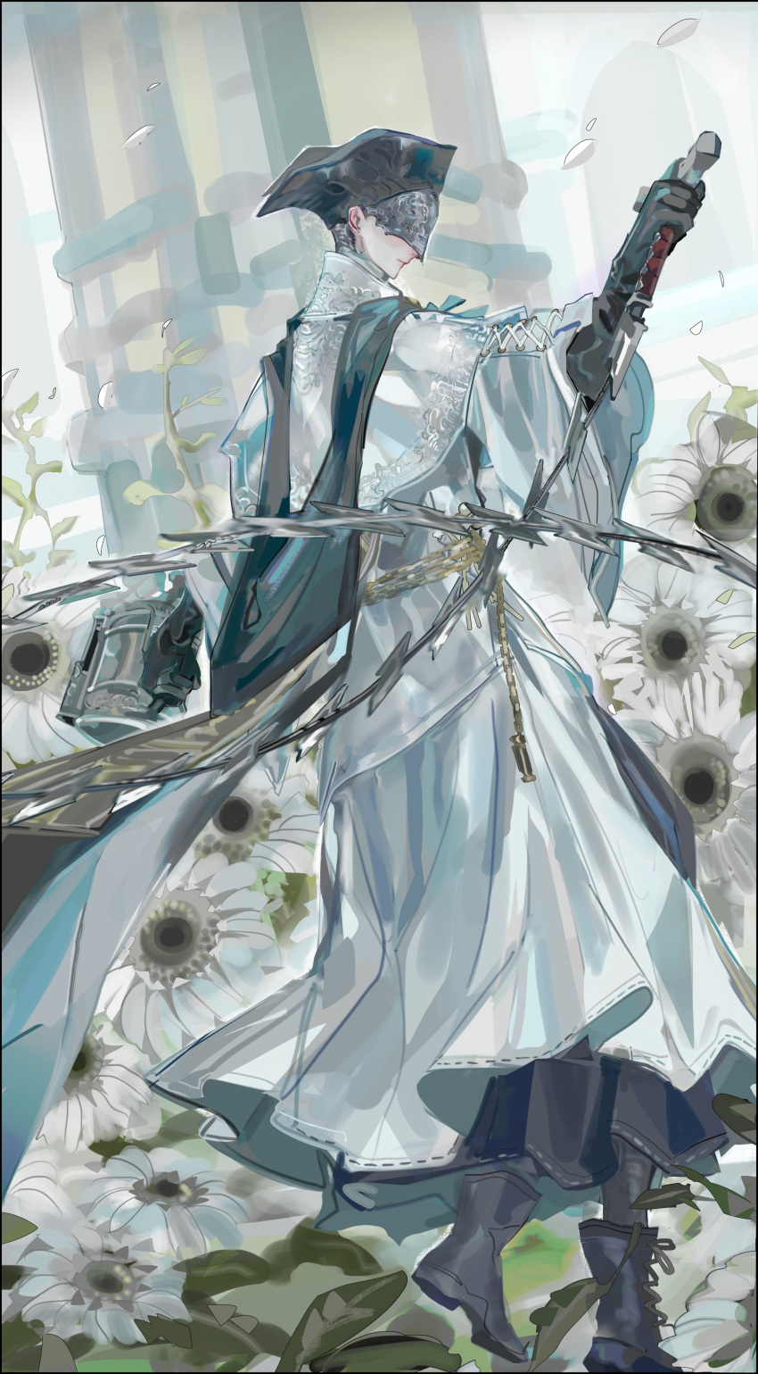 1girl absurdres bangs black_footwear black_gloves black_headwear blindfold bloodborne boots capelet chain closed_mouth covered_eyes dress gloves grey_flower hand_up hat highres holding holding_weapon long_sleeves nslacka outdoors ribbon shoes standing weapon yurie_the_last_scholar